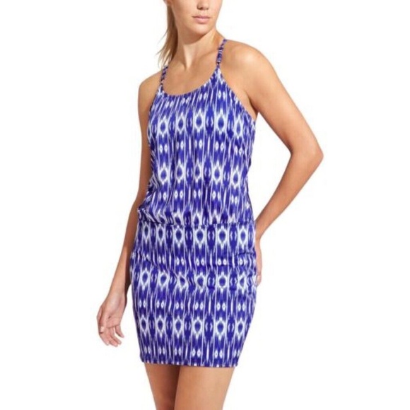 Athleta Other - ATHLETA Aqualuxe Amalfi Blue Ikat Print Swim Dress Strappy Beach Pool ~ Medium